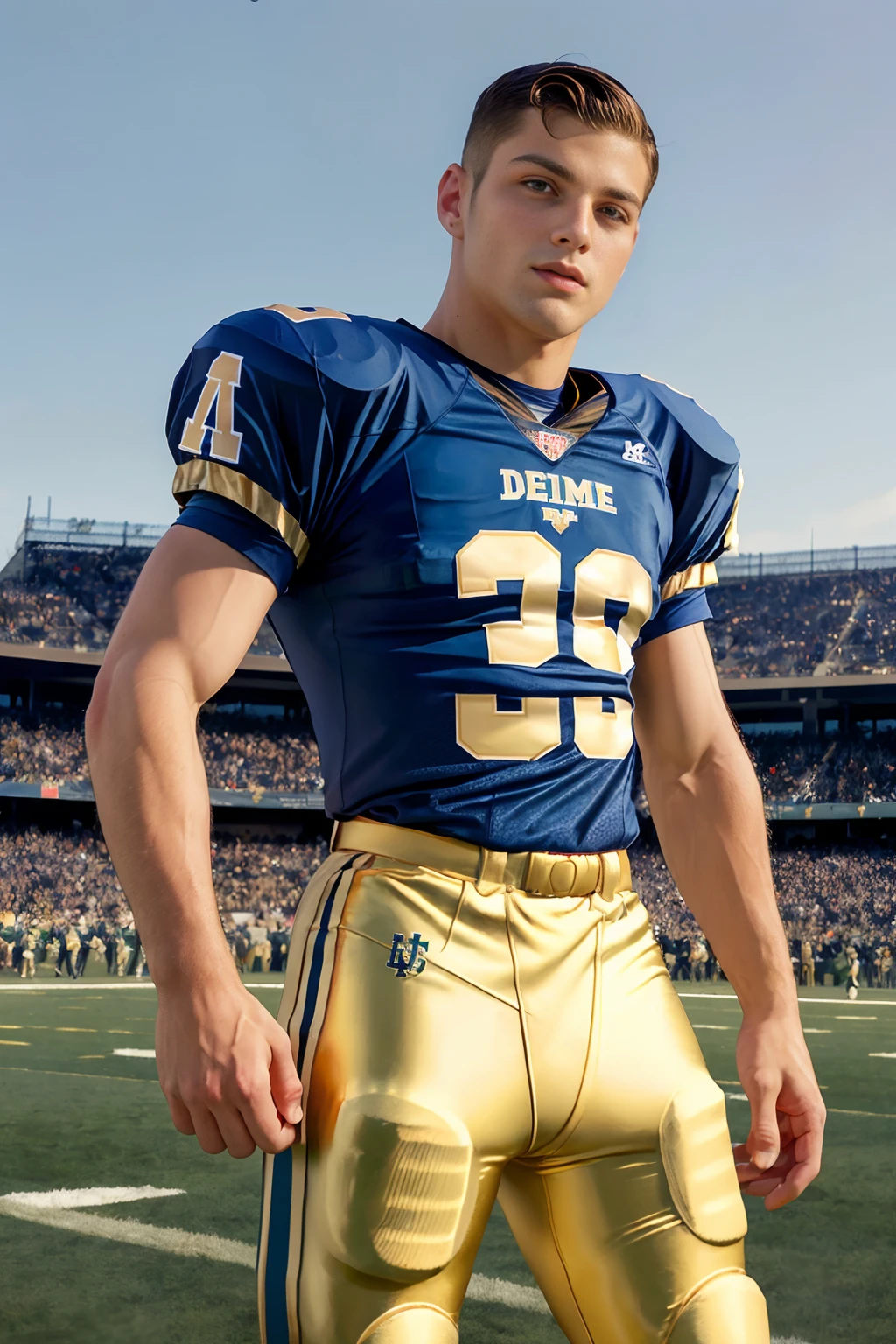 In the style of JC Leyendecker, standing on the sideline of a football field, portrait of (TommyDefendi), wearing a (Notre Dame football uniform:1.2), 1950's style football uniform, blue jersey, 1950's style haircut, (gold football pants), (by JC Leyendecker), (((medium body portrait))),  <lora:TommyDefendi:0.8>