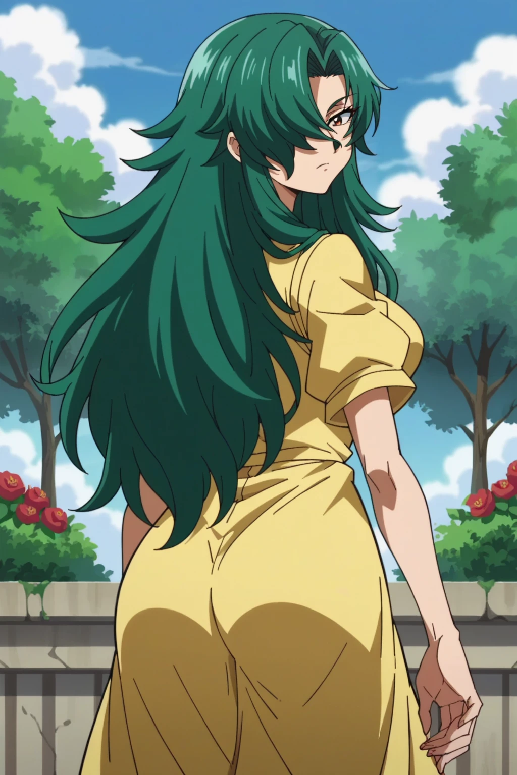 score_9, score_8_up, score_7_up, score_6_up, score_5_up, score_4_up, BREAK source_anime,1girl,solo, anime screencap,(90s anime style)
<lora:edgRosePony:0.8> edgRose, breasts, looking at viewer, very long hair,garden background, hair over one eye, yellow sundress,back view, ass view
