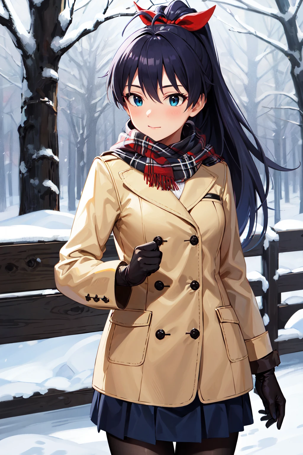 masterpiece, best quality, highres, aahibiki, ponytail, long hair, hair ribbon, antenna hair, <lora:ganaha_hibiki_v1:0.7>, snow, winter clothes, scarf, gloves, skirt, pantyhose, outdoors, standing, cowboy shot,