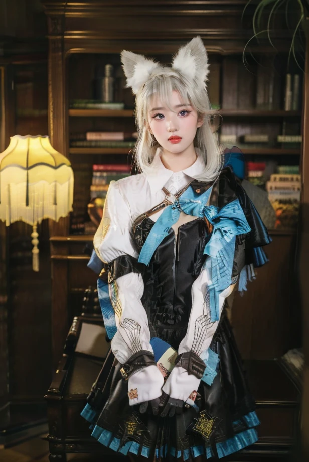 ((4K,Masterpiece,Best quality)), shuimobysim,，Hanfu, maxikit, White hair, fox ear, white colors, Pure girl，White silk long legs