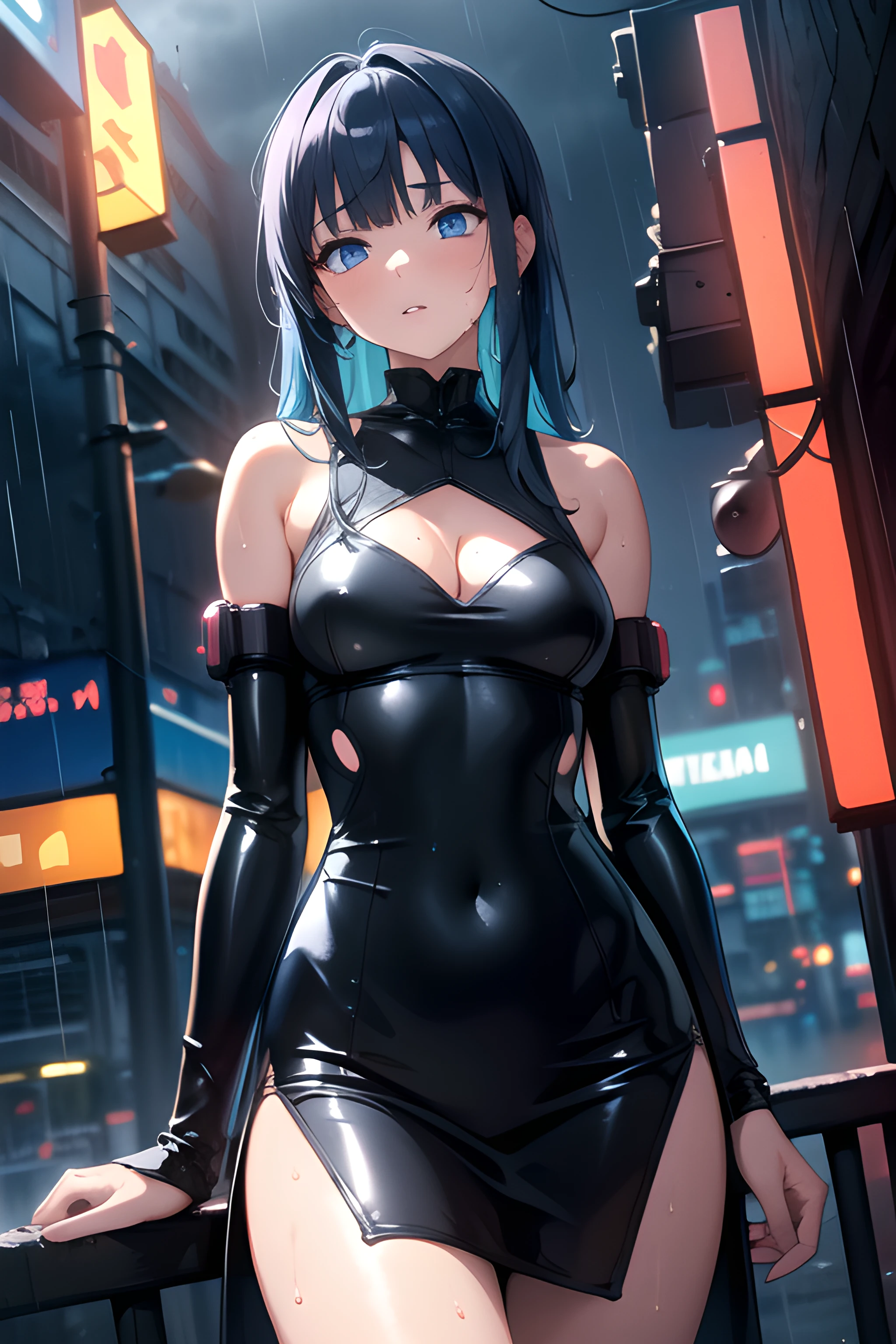 (masterpiece, best quality, highres), 1girl, solo, dark blue hair, very long hair, straight hair, blunt ends, asymmetrical bangs, blue eyes, medium breasts, toned, cyberpunk, outdoors, leaning back, against wall, night, cloudy sky, rain, dutch angle, expressionless, parted lips, short pencil dress, skin tight, latex, sleeveless, bare shoulders, cleavage cutout, neon lights, wire, neon trim, side slit, wet, wet hair, shiny skin, glowing, detached sleeves