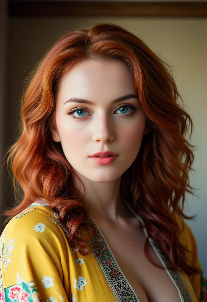 Modelshoot (Candid 1.3) photo of a vivacious 28-year-old polish supermodel, fullbody view, Striking eyes, voluminous wavy red hair, coy expression, lipgloss, wearing intricately detailed Yellow Kimono, looking at viewer, (upper body shot:1.5) Natural lighting, shot using a Leica T in the style of (Daniel Jackson:1.3) High detail, intricate, detailed face, detailed eyes, detailed skin, Shallow Depth of Field, Rustic Background,