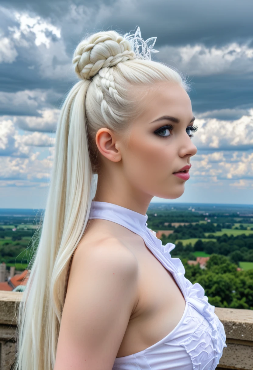 female
Height 139cm
(Age 11:1.4)
White Half-up bun with braided sections
(:t :1.5)
(Magical castle in the clouds :1.2)