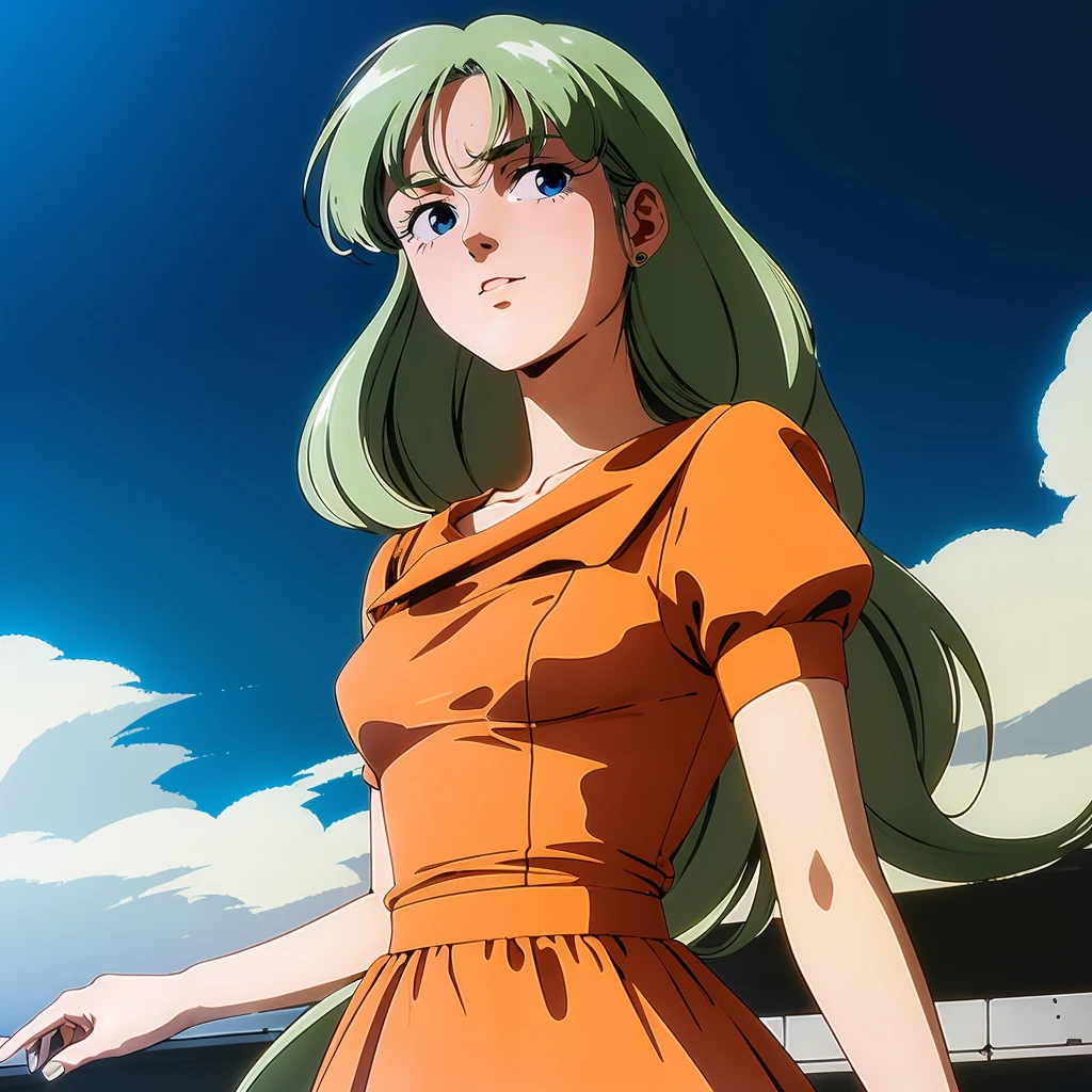 <lora:MiyukiAiba001:0.7>,
retro artstyle,1980s (style),
MiyukiAiba,1gilr,green hair,long hair,blue eyes,
orange dress,