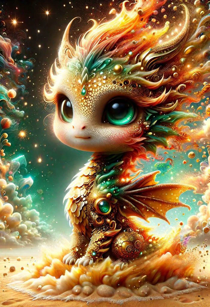 Golden Dragon, portrait, close-up, hyperrealistic, high resolution, clear quality, high-quality high-resolution illustration shot on an LCD display, psychedelic, realistic close-up, cyber detailed beautiful, with sparkling EMERALD eyes and silky pleasant skin, reflections of GOLD and AMBER, the image dissolves partially turns into a CLOUD of gold FOG, voluminous dust, widescreen view with an oasis and pyramids in the background, very hot air, shimmering heat of GOLDEN SAND, sand clouds, detailed particles, extremely swirling , cinematic lighting, close-up portrait, shading, golden ratio, 8k, high detail, realistic, extremely high quality, detail, high resolution, masterpiece, wallpaper of the highest quality, with ultra-8k details, extremely clear, in shades of GOLD AND AMBER IN MIXED STYLES BY Daniel Merriam, Naoto Hattori, Anna Dittmann, 8k, clear focus, fantastic, beautiful details, Nikon D850 dof bokeh extremely detailed photography award-winning soft light hyperrealistic work by Gian Lorenzo Bernini