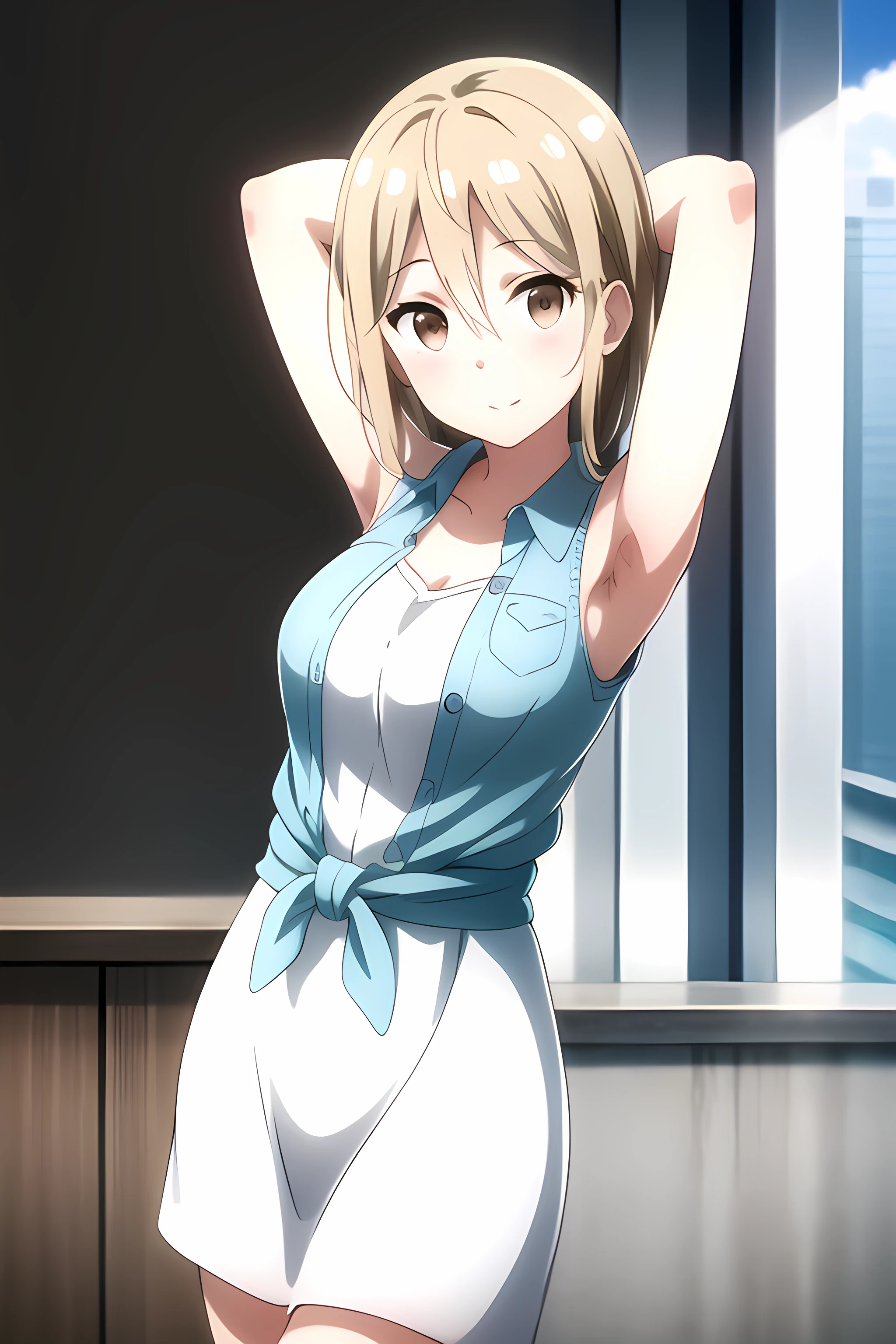 ((masterpiece, best quality)), 1girl,outdoors,solo,standing,arms up,hands behind head,armpit,bangs,close mouth,akira kotokawa \(casual\) \(one room\),brown_eyes, collarbone, collared_shirt,hair_between_eyes,blue jacket, sleeveless, sleeveless_shirt,dress,,,,,,,extremely detailed CG unity 8k wallpaper, perfect lighting,Colorful, Bright_Front_face_Lighting,White skin, (masterpiece:1.0),(best_quality:1.0), ultra high res,4K,ultra-detailed, photography, 8K, HDR, highres, absurdres:1.2, Kodak portra 400, film grain, blurry background, bokeh:1.2, lens flare, vibrant_color,professional photograph,bow breasts, (beautiful_face:1),(detailed eyes),(narrow_waist),(Beautiful medium breasts),Beautiful Finger,Beautiful long legs,Beautiful body,Beautiful Nose,Beautiful character design, perfect face,perfect balance,(2d)