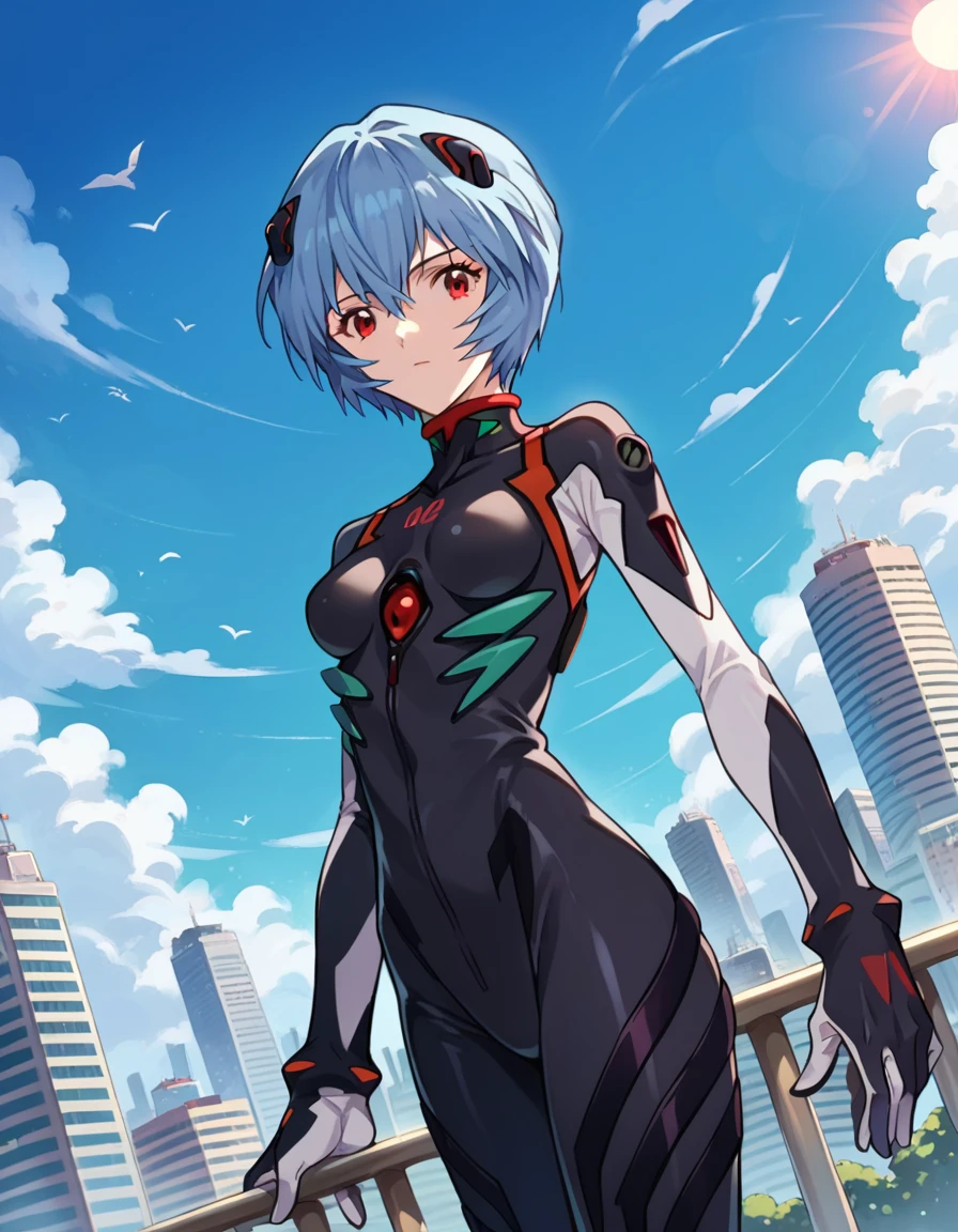 score_9, score_8_up, score_7_up, source_anime, reiayanami, <lora:rei-ayanami-ponyxl-lora-nochekaiser:1>, rei ayanami, blue hair, short hair, red eyes, bodysuit, headgear, plugsuit, black bodysuit, outdoors, cityscape, sky, clouds, sun, looking at viewer, cowboy shot, dutch angle, dynamic pose,