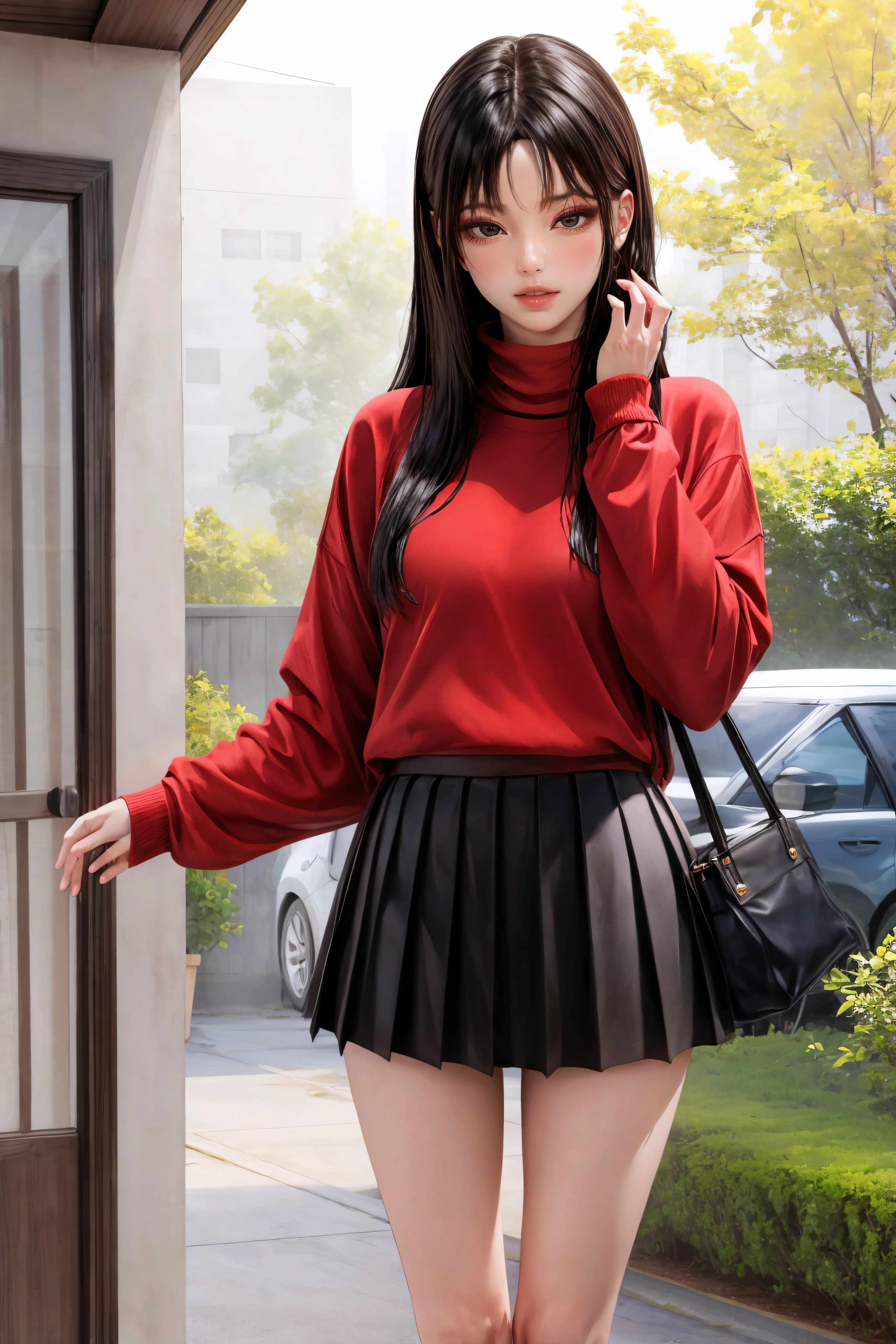 (masterpiece, best quality), <lora:hari-lora-Faxtron:0.8> hari, black eyes, black hair, long hair, red sweater, long sleeves, black pleated skirt, mini skirt, white socks, white sneakers, standing,
<lora:add_detail:0.8>,