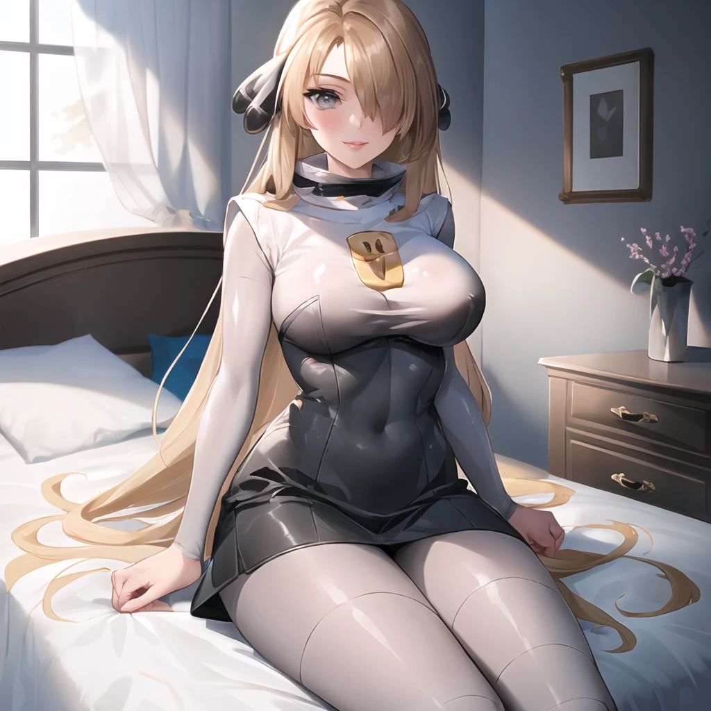 masterpiece, best quality, highly detailed, 1girl, solo, cynthia_pokemon,
one eye covered, hair over one eye, blonde hair, blue eyes, pink lips, hair ornament, large breasts, seductive smile, long hair, grey eyes, blush,
sitting, bed, bedroom,
<lora:cynthia_pokemon:0.9> <lora:team_galactic_grunt_outfit-10:1> (team_galactic_grunt_outfit:1.4), uniform, dress, short dress, boots, grey boots, knee boots, grey footwear, pantyhose, long sleeves, bodysuit under clothes, bodysuit, grey bodysuit, high collar