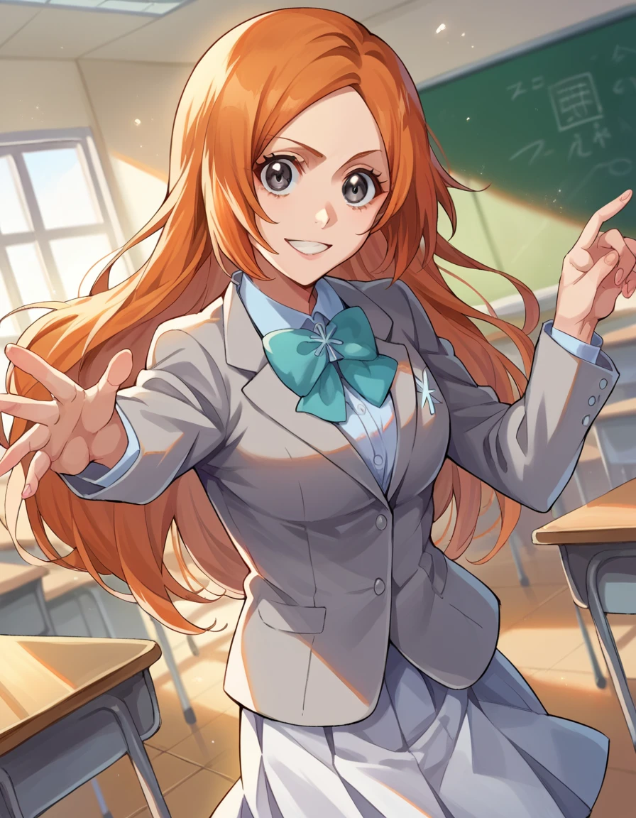 score_9, score_8_up, score_7_up, source_anime, inoueorihime, <lora:inoue-orihime-ponyxl-lora-nochekaiser:1>, inoue orihime, long hair, orange hair, grey eyes, smile, skirt, bow, school uniform, jacket, blazer, grey jacket, indoors, classroom, looking at viewer, cowboy shot, dutch angle, dynamic pose,