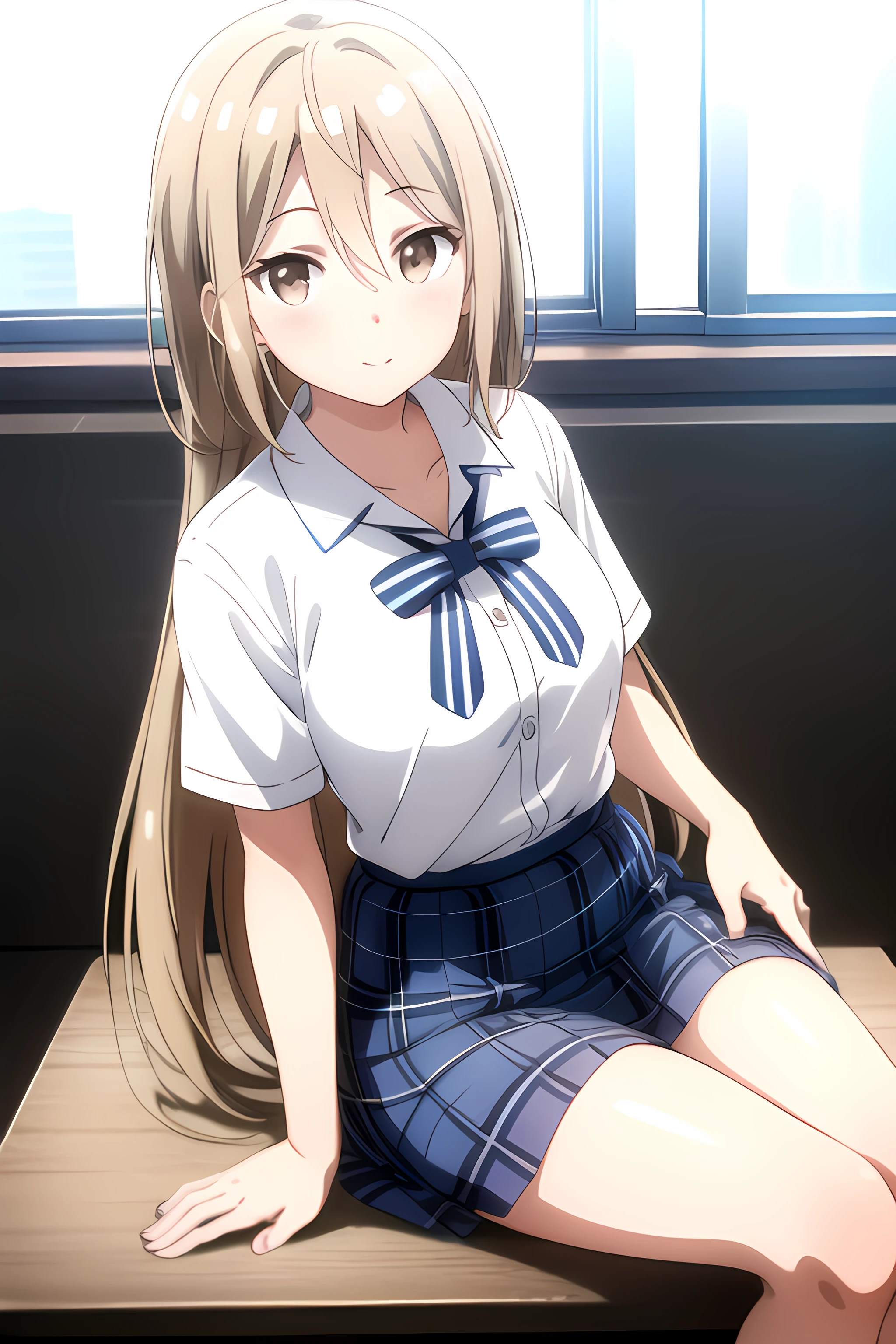 ((masterpiece, best quality)), 1girl,solo,sitting,bangs, akira kotokawa \(uniform\) \(one room\),blue_bow, blue_skirt, blush, bow, bowtie, brown_eyes,closed_mouth, collared_shirt, cowboy_shot, hair_between_eyes, long_hair, looking_at_viewer, plaid, plaid_skirt, pleated_skirt, school_uniform, shirt, short_sleeves, skirt, white_shirt, short_sleeves,striped, striped_bow,,,,,extremely detailed CG unity 8k wallpaper, perfect lighting,Colorful, Bright_Front_face_Lighting,White skin, (masterpiece:1.0),(best_quality:1.0), ultra high res,4K,ultra-detailed, photography, 8K, HDR, highres, absurdres:1.2, Kodak portra 400, film grain, blurry background, bokeh:1.2, lens flare, vibrant_color,professional photograph,bow breasts, (beautiful_face:1),(detailed eyes),(narrow_waist),(Beautiful medium breasts),Beautiful Finger,Beautiful long legs,Beautiful body,Beautiful Nose,Beautiful character design, perfect face,perfect balance,(2d)