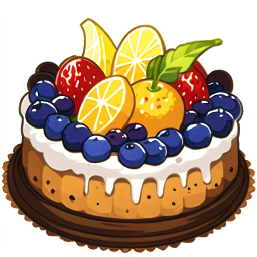 x, food, no humans, food focus, fruit, cake, strawberry, orange \(fruit\), orange slice, simple background, white background, blueberry, still life, dessert, cherry, kiwi \(fruit\), transparent background,<lora:x_cake:0.9>,