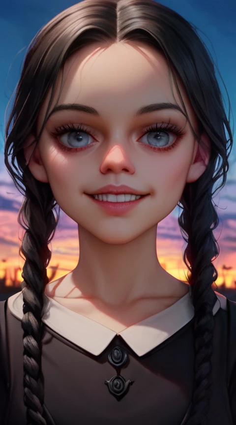 score_9, score_8_up, score_7_up,Wednesday,<lora:WednesdayPonyXL:0.6>,wednesday_addams, adult face,evil grin,evil eyes,dress,beautiful detailed face,big cute eyes, black dress, outdoor, sky, blue sky, outdoor, upper body, collarbone, focus face, focus,