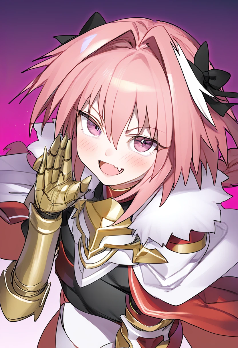 best,hight,amazing,1girl,<lora:astolfo_pony:1>,solo, fur_collar, 1boy, non-web_source, otoko_no_ko, astolfo_\(fate\), hair_ribbon, skin_fang, gauntlets, source_request, cape, looking_at_viewer, male_focus, black_shirt, lowres, hair_ornament