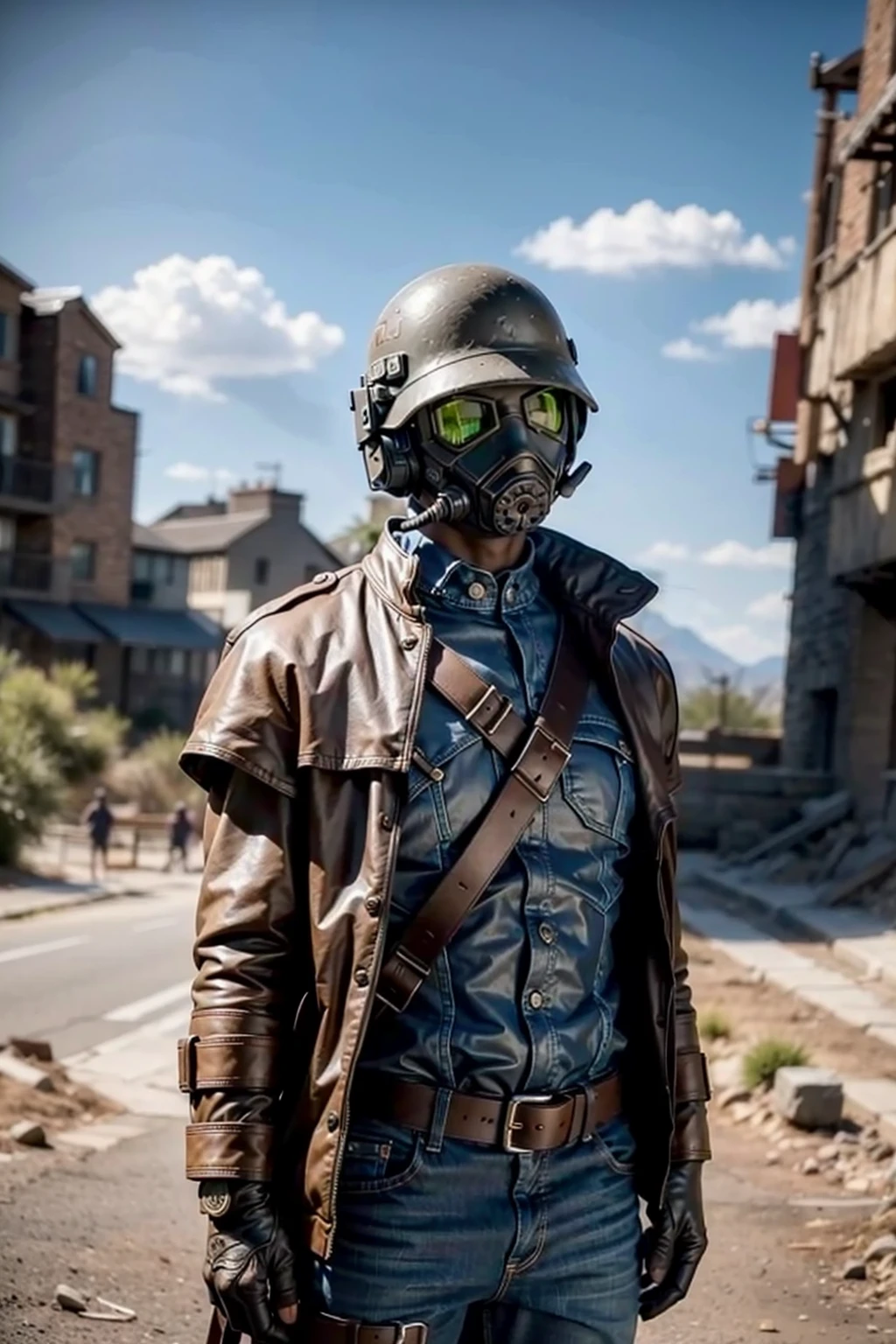 (realistic:1.3), finely detailed, quality, rembrandt lighting, (masterpiece:1.2), (photorealistic:1.2), (best quality), (detailed skin:1.3), (intricate details), dramatic, ray tracing, 1boy, solo, <lora:Desert_Ranger_-_Fallout_new_vegas-000006:1>, Desert Ranger, front, standing, looking at camera,