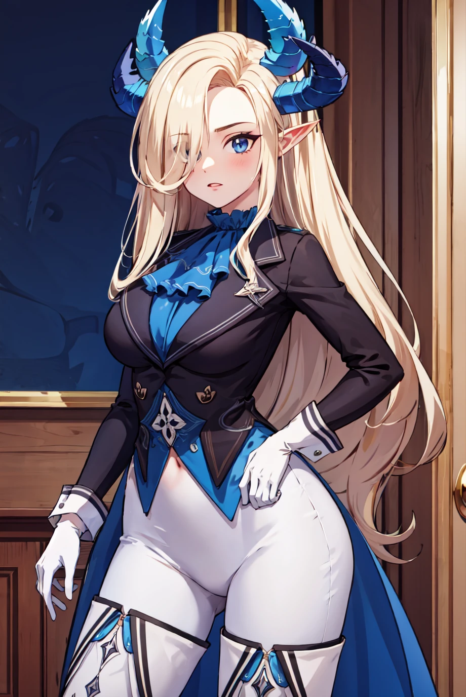 best quality, masterpiece, 1girl, <lora:Bianca_-_GT-000006:0.95>, bbianca, black dress, white gloves, white pants, demon wings, detailed thighhighs, standing, house background