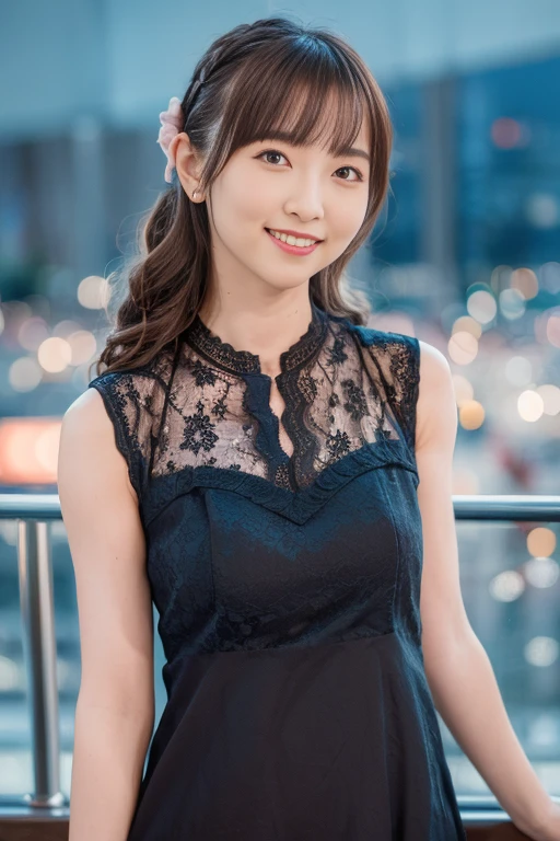 ((highest quality, 8K, masterpiece :1.3)), 1 girl, smile, whole body, slim face, Beautiful woman, (dark brown hair), full length dress :1.1, super detailed face, fine eyes, double eyelid, blur background, slim face, city, outside, street,