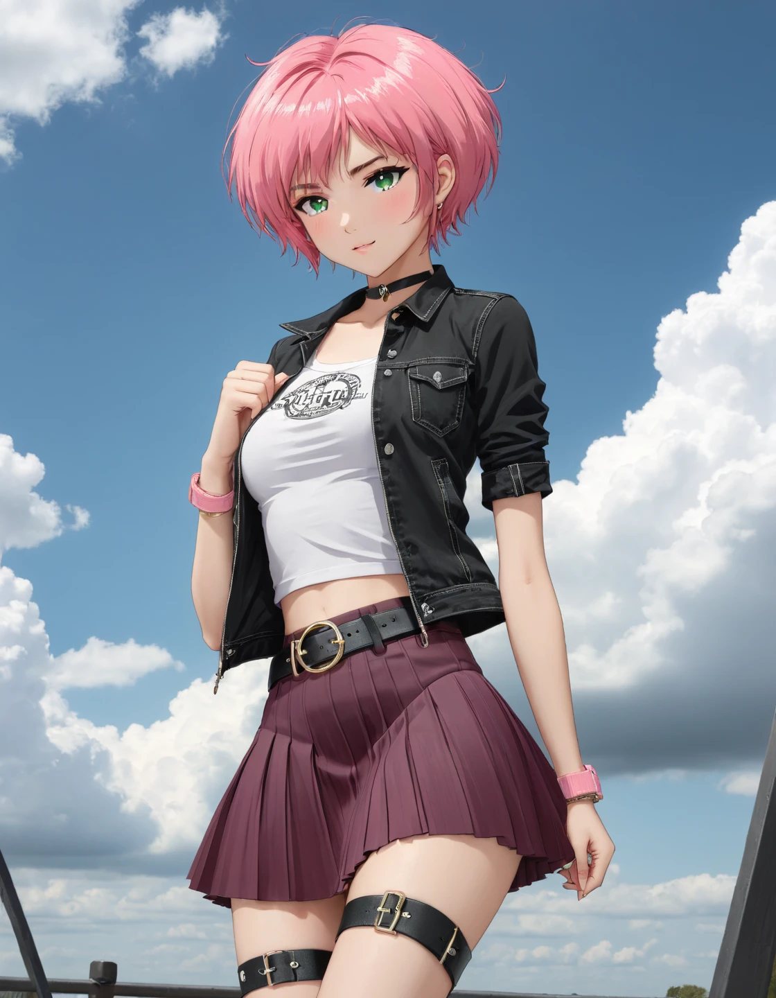 4k, (high definition), (anatomically correct), Loli, pink hair, hair with blue locks, big eyes, smile, small breasts, small waist, big hips, small thighs, short black and short leather jacket, short pink low-cut blouse, hip jeans, torn jeans, marked abdomen, up stage, playing a guitar, sensual