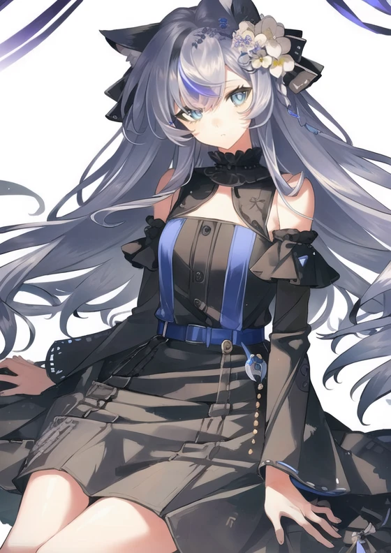8kï¼ultra-detailed, illustration, (beautiful detailed eyes), beautiful, amazing, detailed eyes, (((masterpiece))),<lora:FG:1>1girl, solo, flower, long hair, blue eyes, wisteria, purple hair, hair ornament, hair flower, dress, looking at viewer, bangs, white flower, sitting, detached sleeves, very long hair, black dress, long sleeves, closed mouth, hair intakes