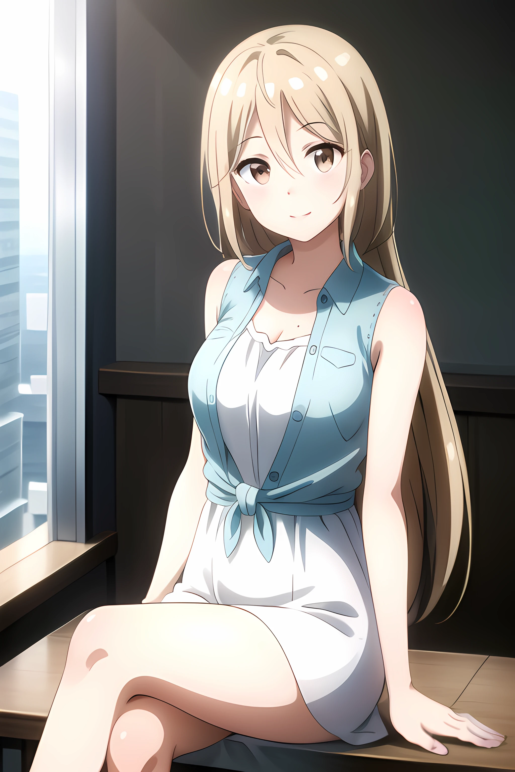 ((masterpiece, best quality)), 1girl,outdoors,solo,sitting,crossed legs,bangs,close mouth,akira kotokawa \(casual\) \(one room\),brown_eyes, collarbone, collared_shirt,hair_between_eyes,blue jacket, sleeveless, sleeveless_shirt,dress,long hair,white skirt,,,,,extremely detailed CG unity 8k wallpaper, perfect lighting,Colorful, Bright_Front_face_Lighting,White skin, (masterpiece:1.0),(best_quality:1.0), ultra high res,4K,ultra-detailed, photography, 8K, HDR, highres, absurdres:1.2, Kodak portra 400, film grain, blurry background, bokeh:1.2, lens flare, vibrant_color,professional photograph,bow breasts, (beautiful_face:1),(detailed eyes),(narrow_waist),(Beautiful medium breasts),Beautiful Finger,Beautiful long legs,Beautiful body,Beautiful Nose,Beautiful character design, perfect face,perfect balance,(2d)