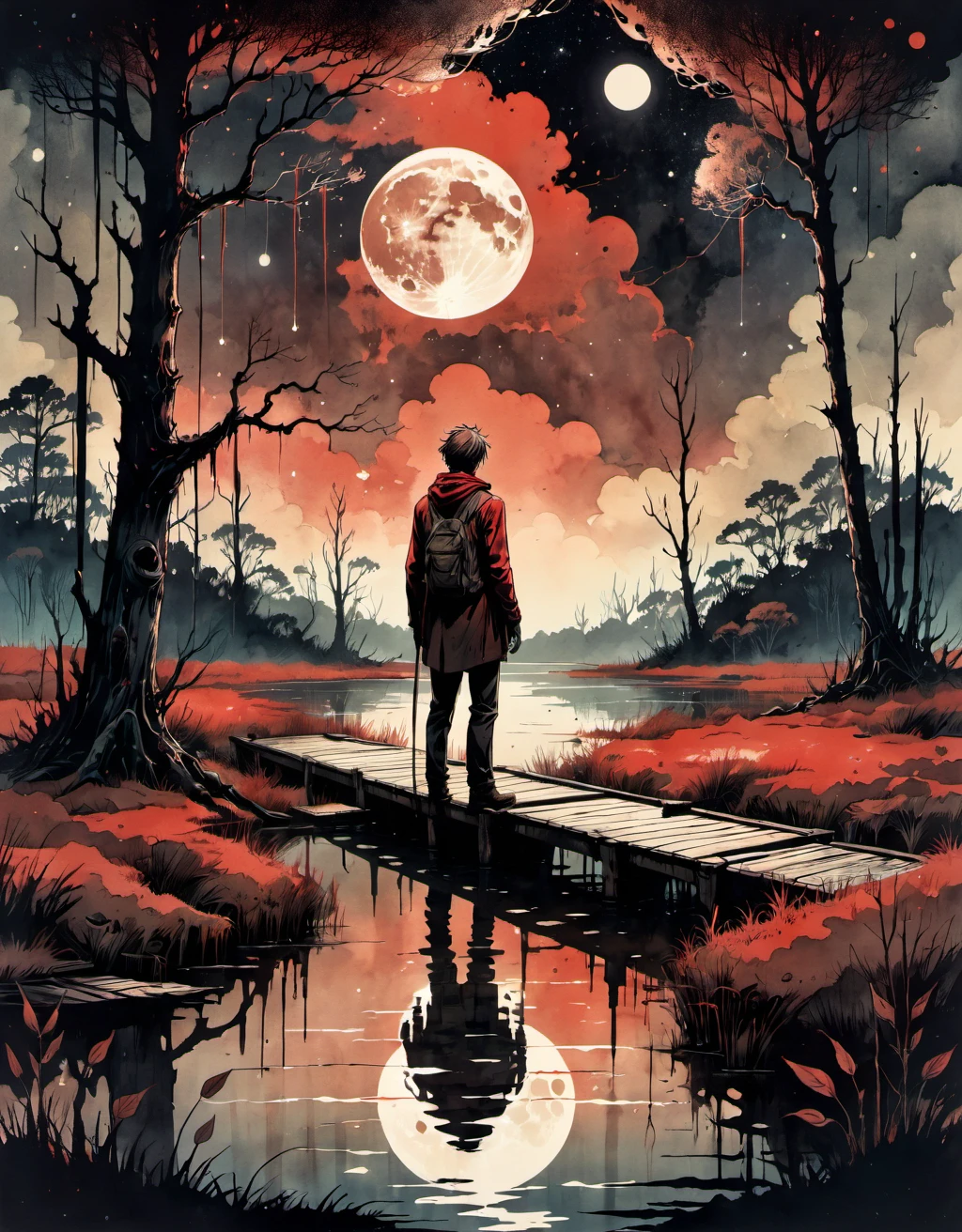 linquivera, Ink illustration, (anime:0.5), brown tones, aged black red paper, inkpunk, moonlight, ink stains, ink splashes, drips, surreal, a man standing on a dock in swampy wetlands, (at a distance), Will-o'-the-wisp, moonlit, lonely, solitude, windy, tall trees, willows, willowy, OverallDetail, extremely detailed, UHD,(long exposure , dystopian but extremely beautiful:1.4),
