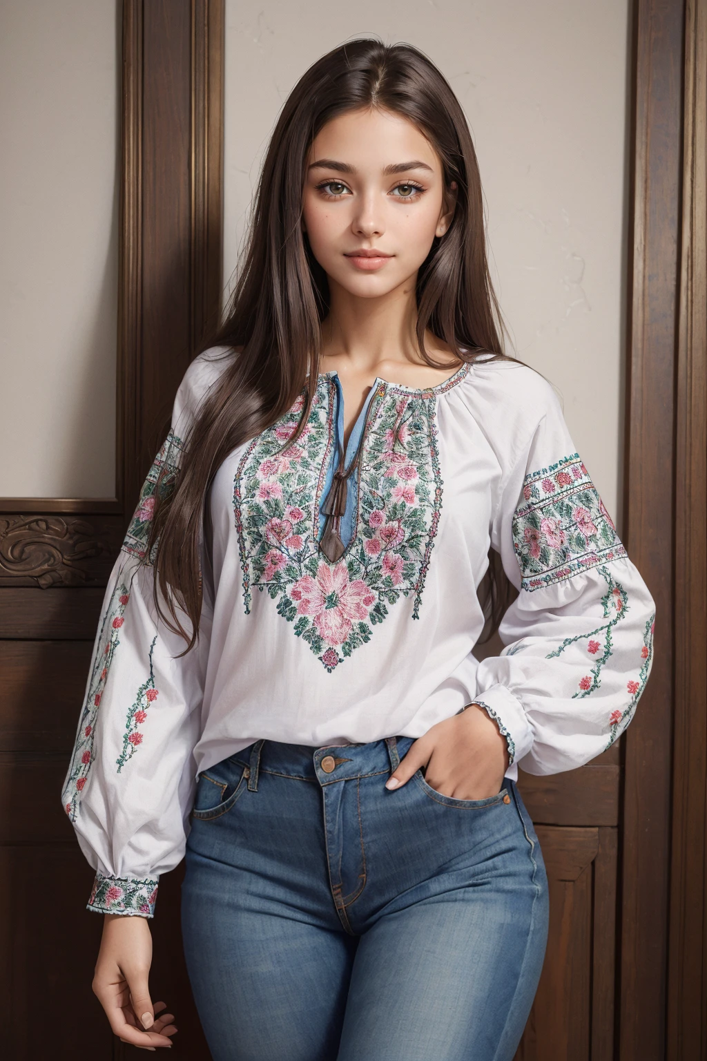 ((masterpiece,best quality,edgQuality)),(smile:0.8),
edgVyshivanka style embroidery, wearing edgVyshivanka, 1girl, solo, long hair, brown hair, shirt, pants, floral print, denim, hand in pocket, jeans, realistic, real life insert
 <lora:edgVyshyvankaRediscovery:1>