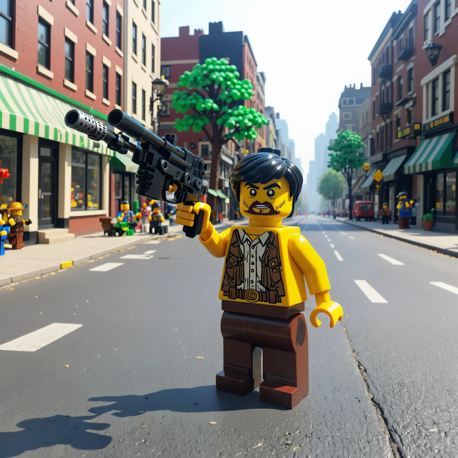 a lego man aiming a gun on a city street, dl44blstr, lego city, park,