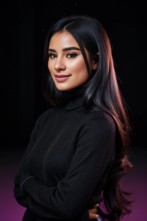 dian36ur3rr3r0, long hair, looking at viewer, smile, long sleeves, sweater, black shirt, turtleneck, purple background, hands on hips, black sweater, <lora:Diane_Guerrero_PMv1a_Lora:1>,, detailed skin texture, (blush:0.5), (goosebumps:0.5), subsurface scattering, ((Glamour Shot)), high quality photography, 3 point lighting, flash with softbox, 4k, Canon EOS R3, hdr, smooth, sharp focus, high resolution, award winning photo, 80mm, f2.8, bokeh