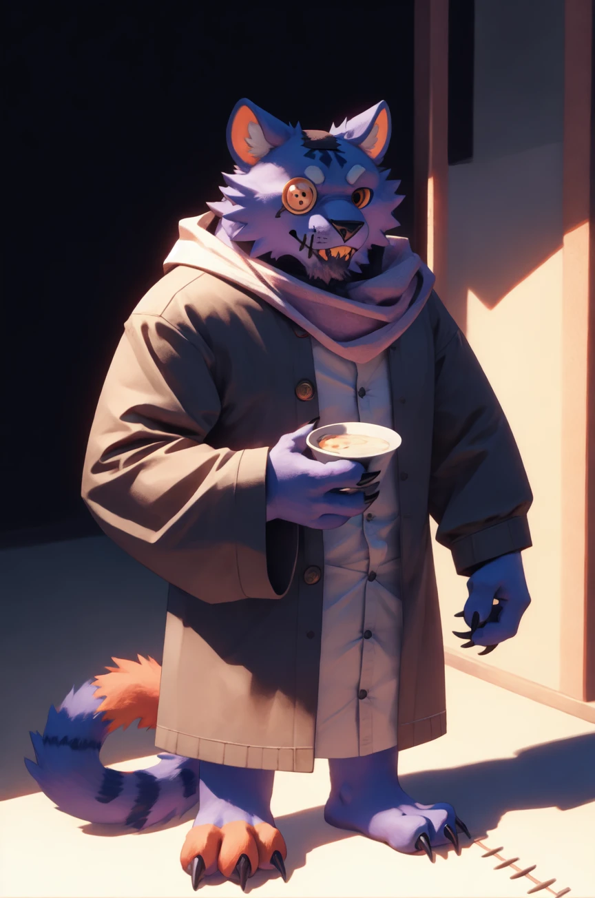 male, solo, seam \(deltarune\), purple cat, button eyes, felid, plushie, stitch \(sewing\), tail, smile, fang, sewn mouth, one black eye, one orange eye, button \(fastener\), standing, patch \(fabric\), full-length portrait, cheek tuft, masterpiece, extreme detail, mature male, brown robe, long sleeves, scarf, barefoot, claws, toe claws, fewer digits, 3 toes, dark background, holding beverage, mismatched, asymmetrical