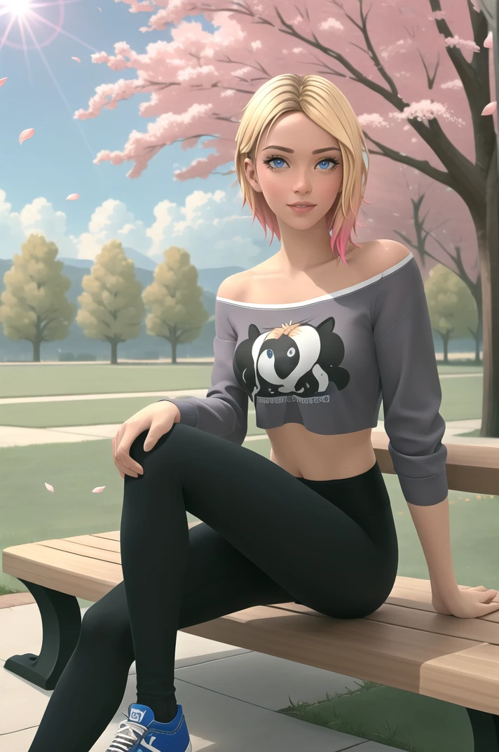 (masterpiece, high quality, detailed background:1.1), 1girl, solo,
<lora:GwenStacy-v1-06:0.6>, ChopioGwenStacy, realistic, short hair, blonde hair, gradient hair, sidecut, undercut, blue eyes, freckles, lips, nose, eyebrow piercing, eyeshadow, mascara, makeup, (looking at viewer:1.3),
mature female, medium breasts,
outfit_1, grey shirt, animal print, crop top, off-shoulder shirt, long sleeves, sleeves pushed up, yoga pants, black leggings, tight pants, (crop top overhang:1.2), 
park, outdoors, grass, path, trees, flowers, sunny, light rays, lens flare, bench, falling petals, cherry blossoms, 
sexy smile, sitting,