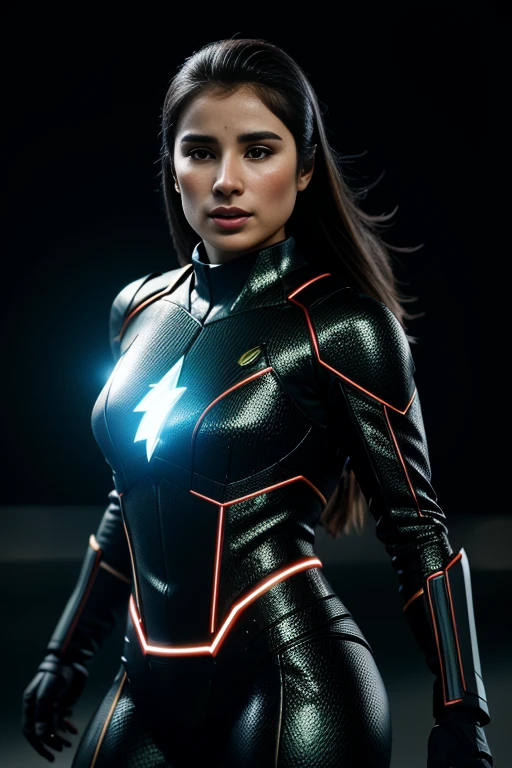 dian36ur3rr3r0, full body, dark hair, brown eyes, female superhero outfit with glowing LED piping, outdoor, night, futuristic city, atmospheric, upper body, <lora:Diane_Guerrero_PMv1a_Lora:1.3>,, high quality photography, 3 point lighting, flash with softbox, 4k, Canon EOS R3, hdr, smooth, sharp focus, high resolution, award winning photo, 80mm, f2.8, bokeh, ((Cinematic)), detailed skin texture, (blush:0.5), (goosebumps:0.5), subsurface scattering
