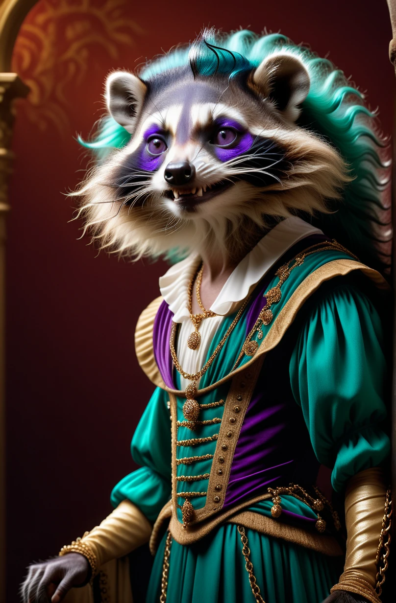 chiaroscuro, dark dim scene of (((dreaming full-body portrait, facepaint, bodypaint, scenery, absurdres, detailed, macro details, 8k, hyper realistic, texture surface details))) !, color photo, atmospheric, light and shadow, crepuscular, slight athmospheric mist unreal engine render created he tarot part ii his purple eyes has moss princess kate morzevet cyan white purple teal tail, dark raccoon slightly curly long thick gray hair, deep clear, emerald crystals like dress princess full wedding vibes like casual suit mecha, dark fantasy photoshoot style on color palette, ultra wholesome light fashion photoshoot,Masterpiece texture render course life like a crossbones Golden B&d photography model + finish hd �lism:0.97), 896 768ine render ::0 by Mark Ryden very detailed intricate Details from rnes gogos mcsons 10045 hour scene :: Caravaggio makeup of Hieronymus Boom composition what, dark night time colour film still life of the center, DSLR details hyperrealism highly detailed intricateed background with manga and smooth plastic vending Miltrum background trending <lora:Potpourri-v1e9:1>