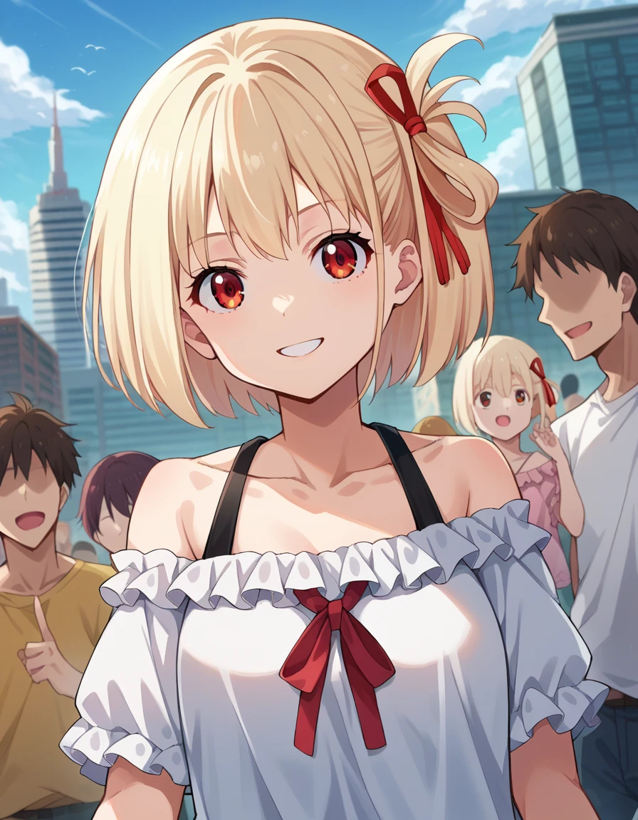 score_9, score_8_up, score_7_up, source_anime, chisatonishikigi, <lora:chisato-nishikigi-ponyxl-lora-nochekaiser:1>, chisato nishikigi, short hair, bangs, blonde hair, red eyes, hair ribbon, one side up, bob cut, smile, shirt, bare shoulders, twintails, collarbone, hair ribbon, white shirt, frills, off shoulder, red ribbon, short twintails, off-shoulder shirt, frilled shirt, outdoors, cityscape, people, crowd, looking at viewer, cowboy shot, dutch angle, dynamic pose,