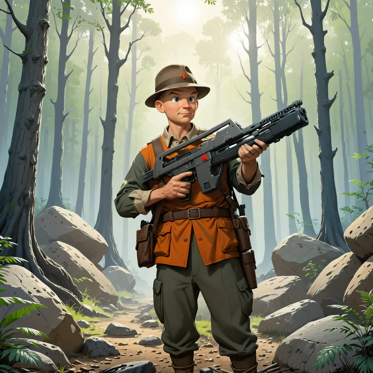 Elmer Fudd holding a m41apls rifle in a forest, trees, boulders, hunting,