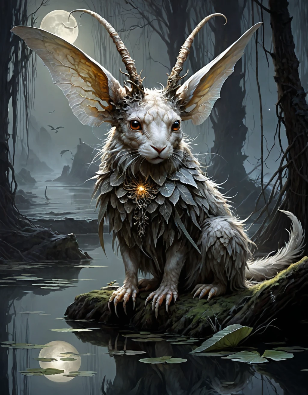 , famous artwork (by ruan jia:1.4), detailed expressive eyes, fantasy style, the mysterious lop-eared chumblegrabble, a wakthurbled monster ermerging from the depths of the misty jinxflagranti swamps of planet dorfshnupf v, shown here with its lampremblative wings glistening in the moonlight as it grimmzles, twisting trees and zoggling the will-o'-the-wisps in its vicinity BREAK medium-sized champagne scrambling toothed plant, cracked texture off-centered woody stem, knobby, bipinnately-cleft veined leaf, penninerved venation, spiral, serrulate leaf margin, orchid compound umbel tubular flower, lanceolate, pink aggregate fruit fruit, rugged, involucre, whorled phyllotaxy, creeping root