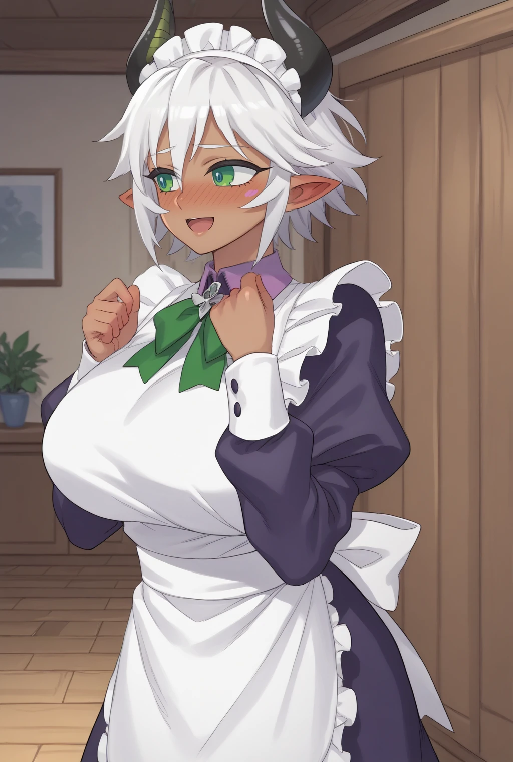 score_9, score_8_up, score_7_up, source_anime BREAK, 1girl, solo, looking away, cowboy shot,
<lora:ZestPdxlDwnsty:1>, ZestMaid, green eyes, horns, pointy ears, white hair, short hair, dark-skinned female, blush stickers, apron, maid headdress, maid apron, purple dress, long sleeves, collar, neck ribbon, 
huge breasts, thick thigs, skindentation, smile, embarrassed, blush, open mouth, hands up,
indoors, living room, wooden floor, dimly lit,
<lora:mimonelv3_sdxl_pony:1>,