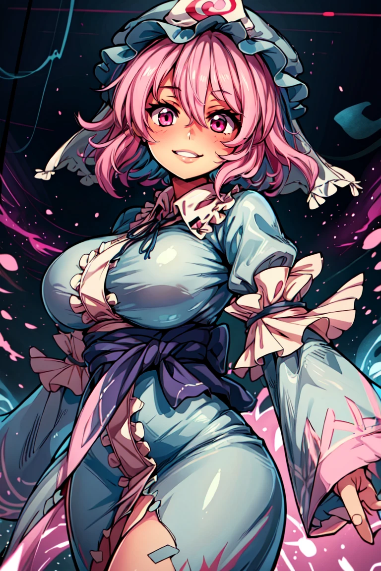 <lora:Bold_CAT:0.3>,
((masterpiece, best quality)), anime style, <lora:more_details:0.5>, <lora:Saigyouji_Yuyuko_Touhou:0.8>, Saigyouji_Yuyuko_Touhou, 1girl, solo, short hair, pink hair, pink eyes,  mob cap, blue hat,  blue kimono, big breasts,  solo, smiling, looking at viewer, cowboy shot,