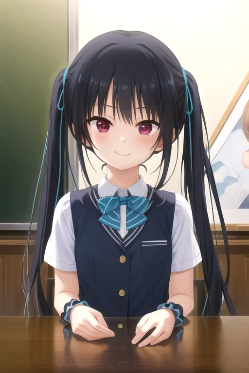 ((masterpiece)),(best quality),official art,extremely detailed CG,unity 8k wallpaper,ultra detailed,beautiful detailed eyes,extremely detailed face,classroom,1girl,solo,upper body,(portrait:1.5),looking at viewer,facing viewer,(petite:1.2),smile,Seguchi Yayoi,long hair,black hair,twintails,hair ribbon,red eyes,sidelocks,school uniform,blue vest,wing collar,collared shirt,white shirt,blue bowtie,short sleeves,blue cuffs,medium breasts,blue skirt,pleated skirt,black socks,loafers,<lora:Seguchi Yayoi(okjmd)>,