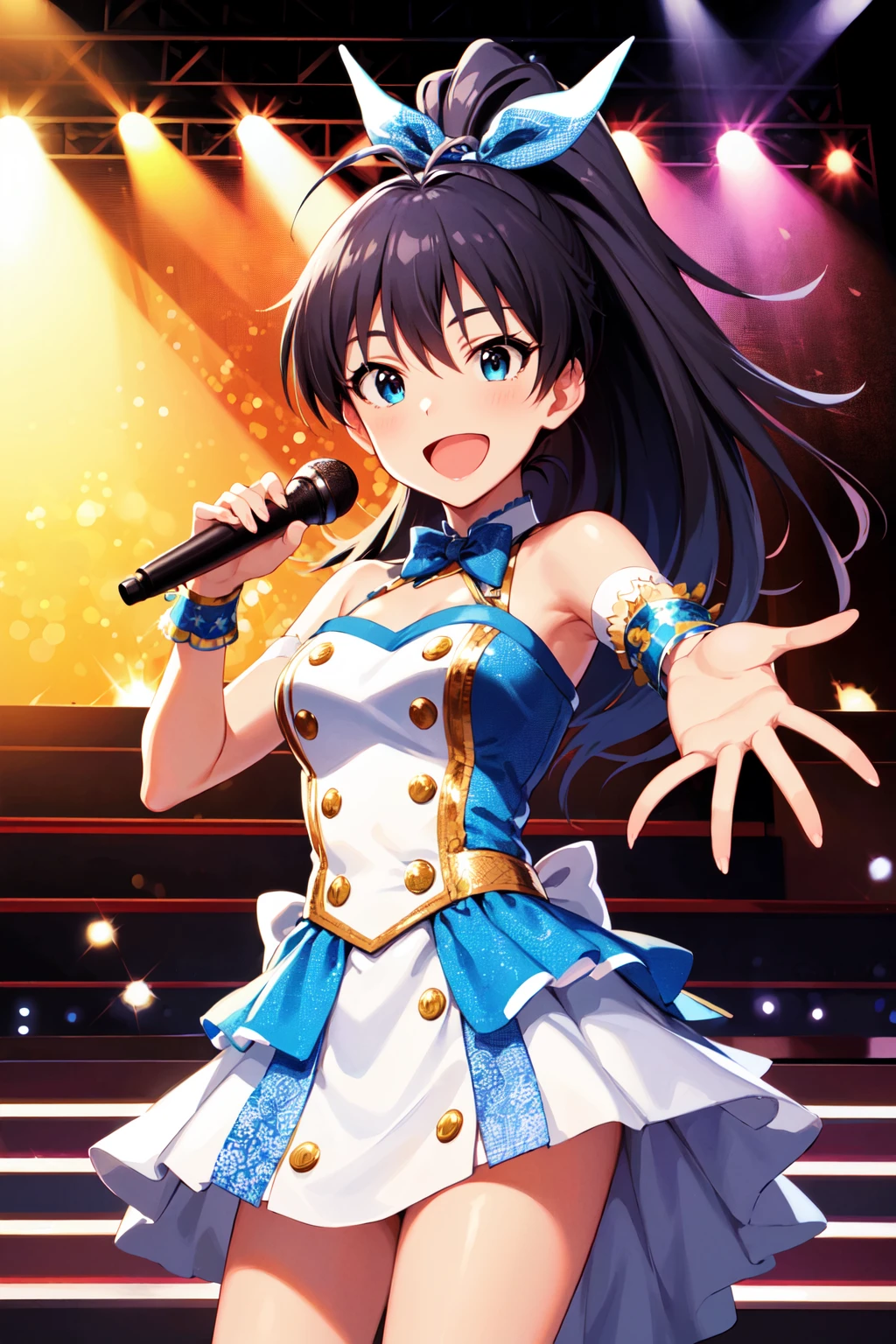 masterpiece, best quality, highres, aahibiki, ponytail, long hair, hair ribbon, antenna hair, <lora:ganaha_hibiki_v1:0.7>, idol clothes, standing, cowboy shot, stage, holding microphone, smile, open mouth, singing, reaching out,