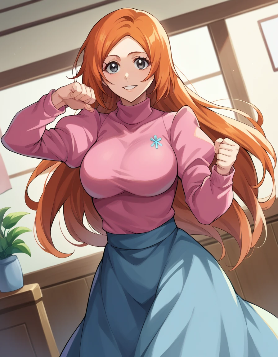 score_9, score_8_up, score_7_up, source_anime, inoueorihime, <lora:inoue-orihime-ponyxl-lora-nochekaiser:1>, inoue orihime, long hair, orange hair, grey eyes, smile, sweater, pink sweater, long sleeves, puffy sleeves, skirt, blue skirt, long skirt, indoors, looking at viewer, cowboy shot, dutch angle, dynamic pose,