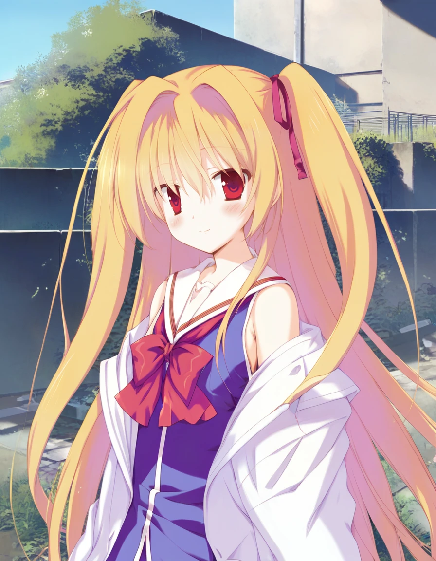 score_9,score_8_up, score_7_up,source_anime, highres, absurdres,nikaidou shinku, 1girl, <lora:nikaidou_shinkuPDXL:1.0>,red eyes, bare shoulders, school uniform, two side up, lab coat,seductive smile,portrait, outdoors, blush,