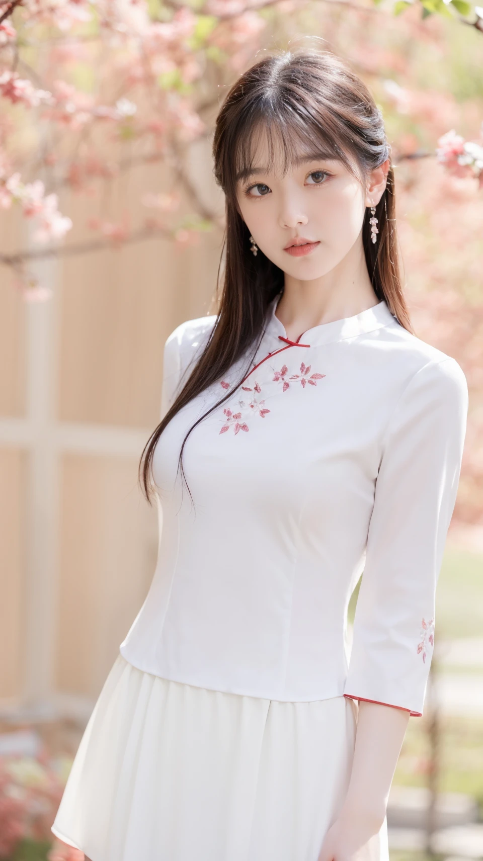 best quality,HDR,UHD,8K,Vivid Colors,solo,photo_,(1girl:1.3),(standing:1.3),(looking at viewer:1.4),Elegant,detailed gorgeous face,(upper body:1.2),bright,(lawn background:1.2),(pale skin:1.4),<lora:Twinkle7:0.75>,pink shirt,white skirt,