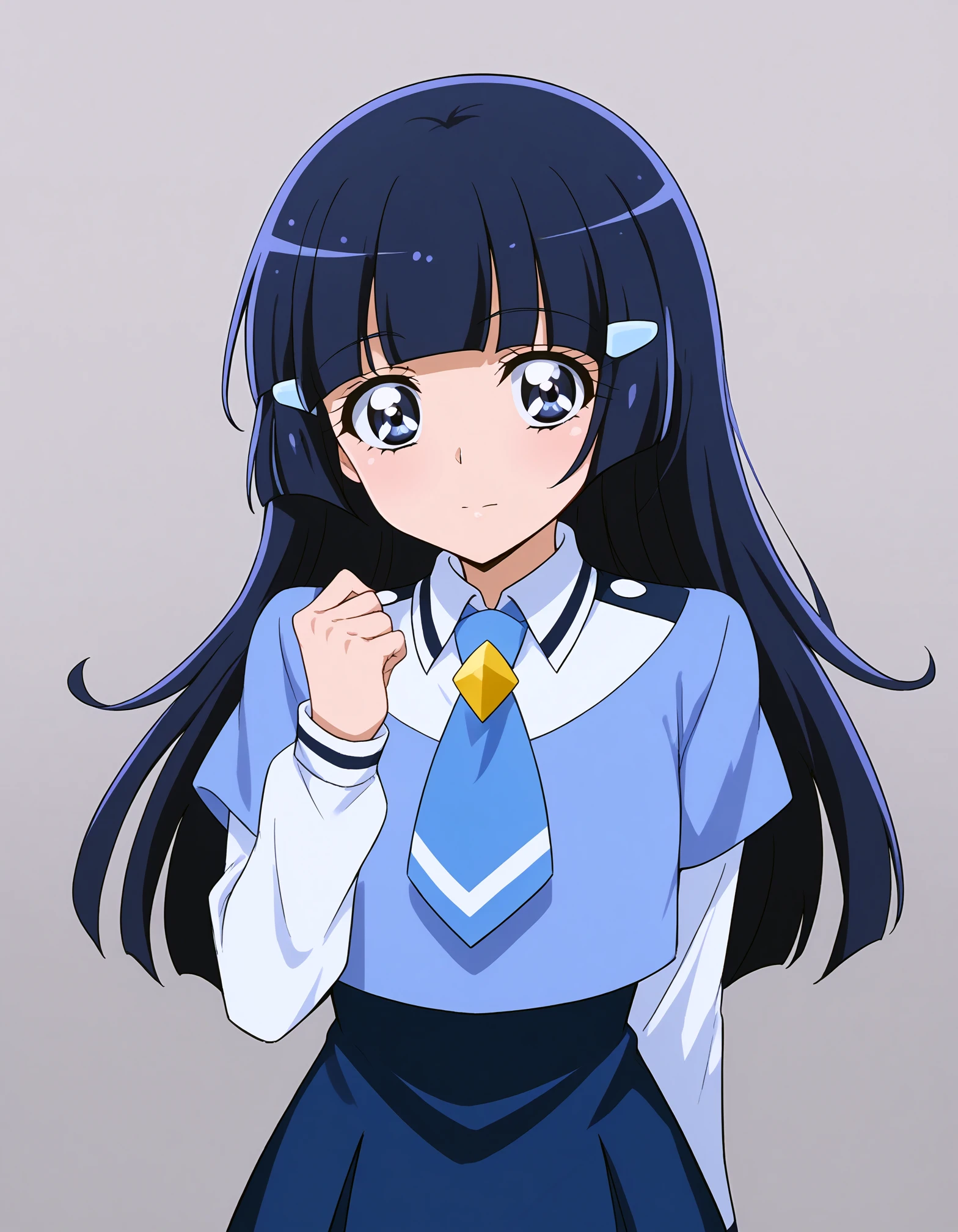 score_9, <lora:sdxl_lightning_8step_lora:1> source_anime, rating_safe BREAK 1girl, solo,
<lora:ponyxl_character-smile_precure:1> 
aoki reika, straight long blue hair, blunt bangs, blue eyes, nanairogaoka ************* uniform, blue necktie, long sleeves, blue top