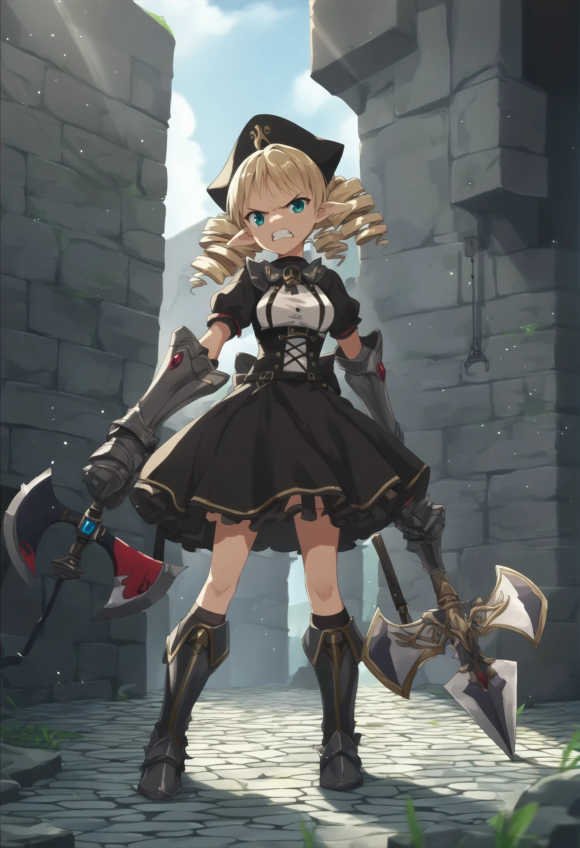 1girl, ymir, aqua eyes, brown hair, twintails, pointy ears, twintails, drill hair, fierce, <lora:EilinYmir_Queens_Blade_Rebellion_XL:0.8>, score_9, score_8_up, score_7_up, score_6_up, score_5_up, score_4_up, BREAK source_anime, masterpiece
