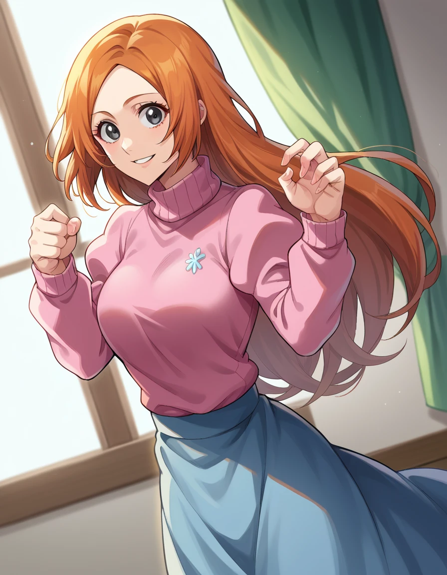 score_9, score_8_up, score_7_up, source_anime, inoueorihime, <lora:inoue-orihime-ponyxl-lora-nochekaiser:1>, inoue orihime, long hair, orange hair, grey eyes, smile, sweater, pink sweater, long sleeves, puffy sleeves, skirt, blue skirt, long skirt, indoors, looking at viewer, cowboy shot, dutch angle, dynamic pose,