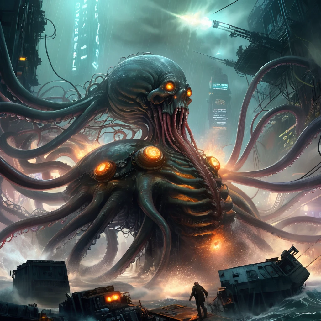 <cn:canny:1> <lora:add-detail-xl:1> Swallowed by the oceans tide. Humanoid. Tentacles of doom. Heavy Metal Style artwork, sharp focus, emitting diodes, smoke, artillery, sparks, racks, system unit, motherboard, by pascal blanche rutkowski repin artstation hyperrealism painting concept art of detailed character design matte painting, 4 k resolution blade runner