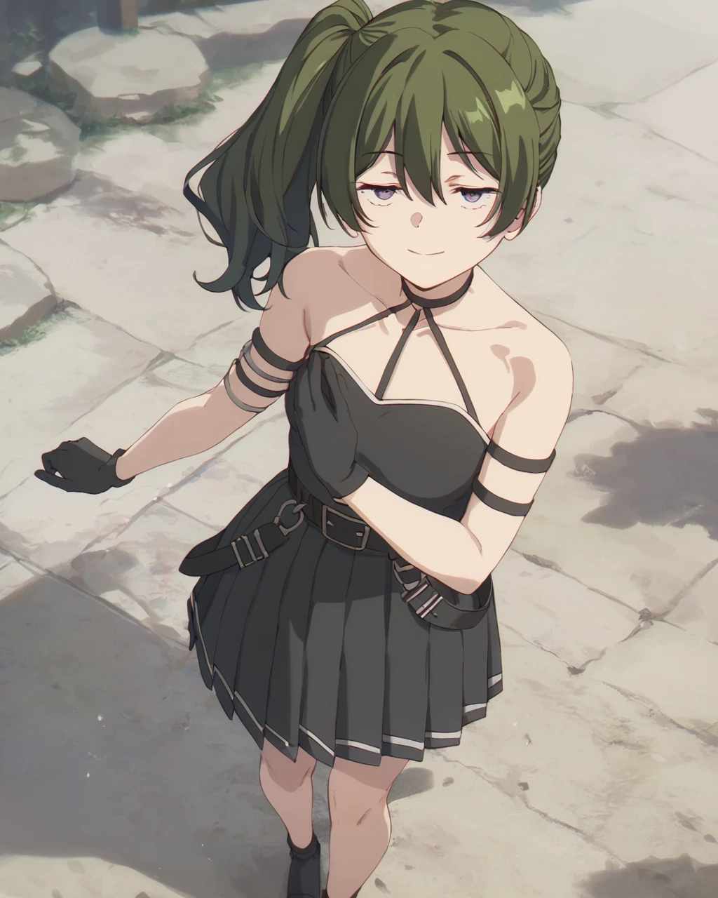 score_9, score_8_up, score_7_up, score_6_up, score_5_up, score_4_up, source_anime, screenshots, <lora:Ubel_PonyXL-000015:1> ubel,1girl,green hair, bangs,hair between eyes,side ponytail, purple eyes,black choker, collarbone, sleeveless, black dress,sleeveless dress, halterneck,pleated skirt, black gloves,belt,black footwear, 
smile, half-closed eyes, looking at viewer, standing,