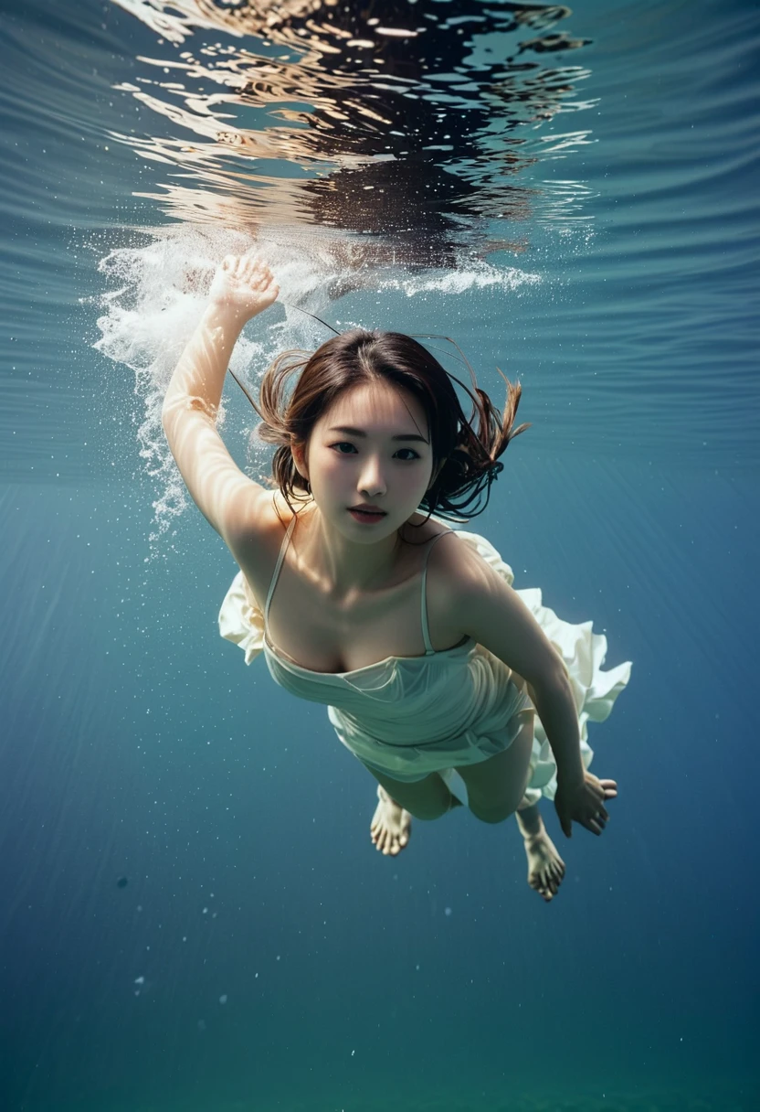 A beautiful japanese girl floats up from beneath the waves.