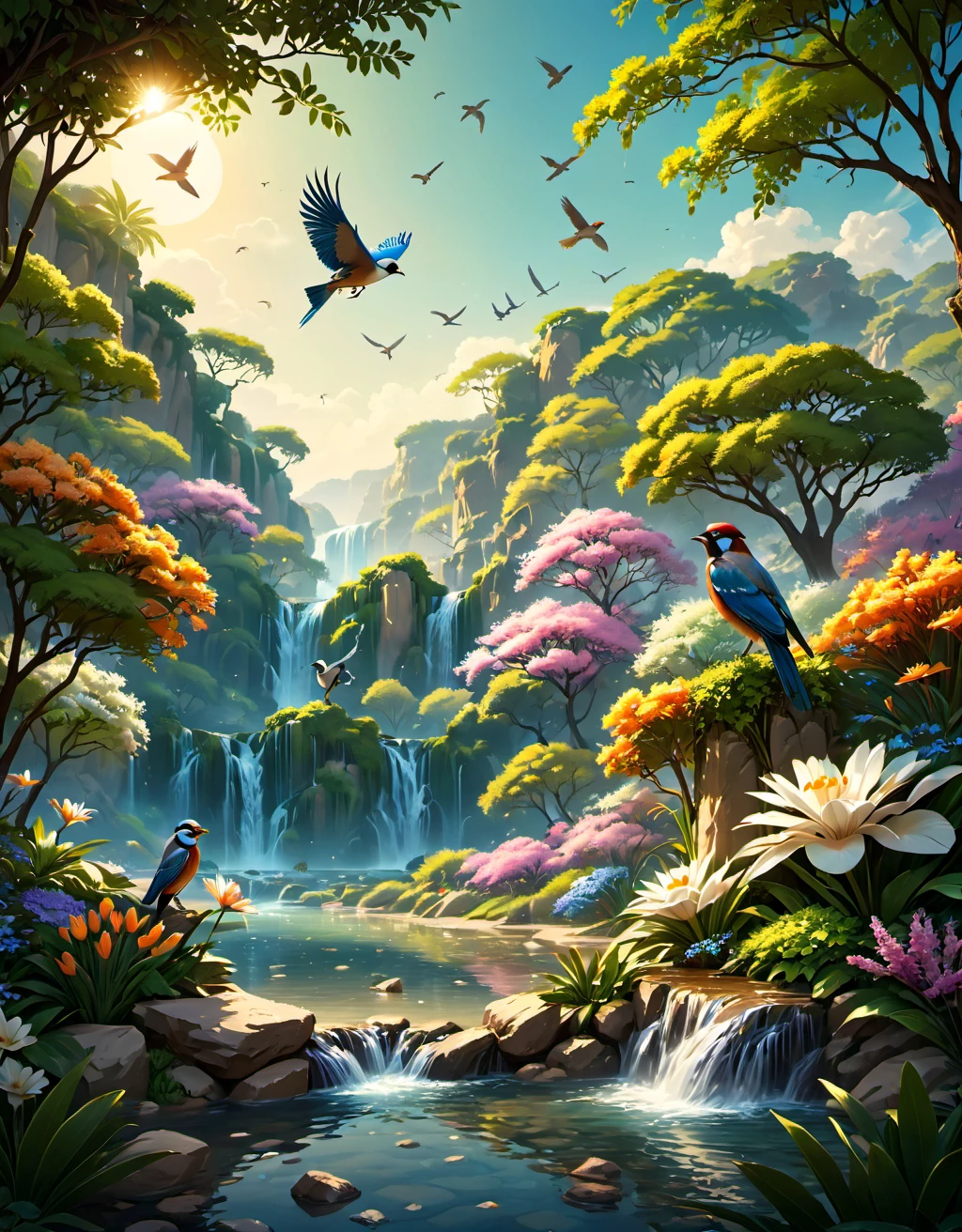 ((Astounding)), ((Captivating)), ((Magnificent)), ((masterpiece)), ((Intricate)), ((Breathtaking)), ((16K)), landscape, Spring, Oasis, Water Source, birds, digital artwork, Digital masterpiece, Digital design, Digital illustration, cinematic lighting, Mood lighting, Cinematic atmosphere, Dramatic lighting, telephoto lens, Compressed perspective, Magnification, Long focal length lens