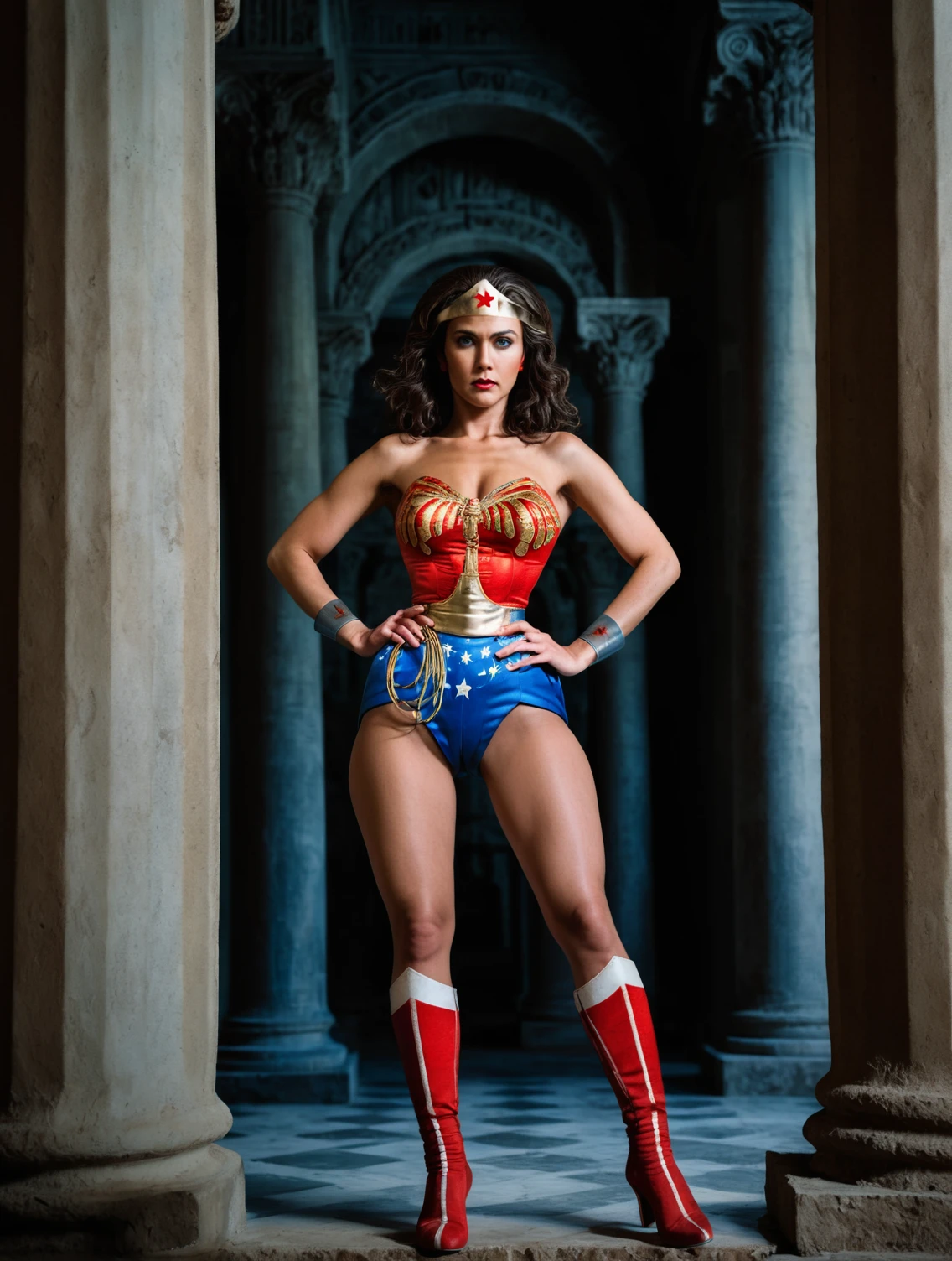 high fashion photo by Terry Richarson,
Wonder Woman,
Mid Shot Photo, dynamic pose,
in ancient temple, pillars, palm trees
<lora:add-detail-xl:1>
<lora:detailed_notrigger:0.5>
<lora:fix_hands:1>
<lora:Wonder Woman_SDXLBase:1>